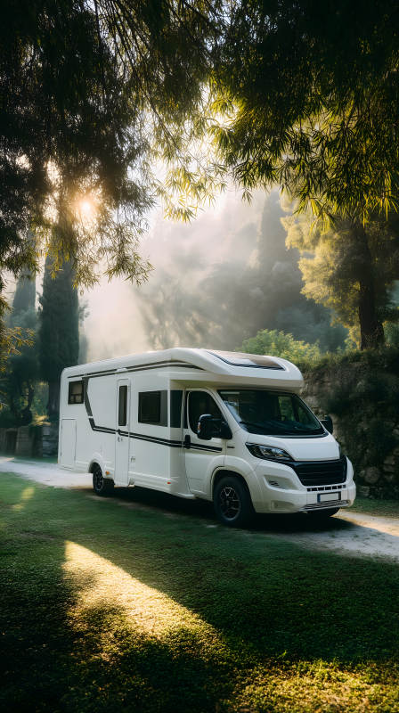 清晨阳光下的房车露营图片