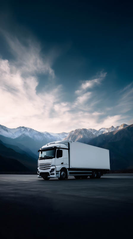 卡车在雪山下的公路行驶图片