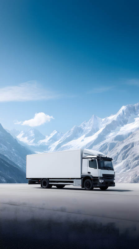 卡车在雪山下的公路图片