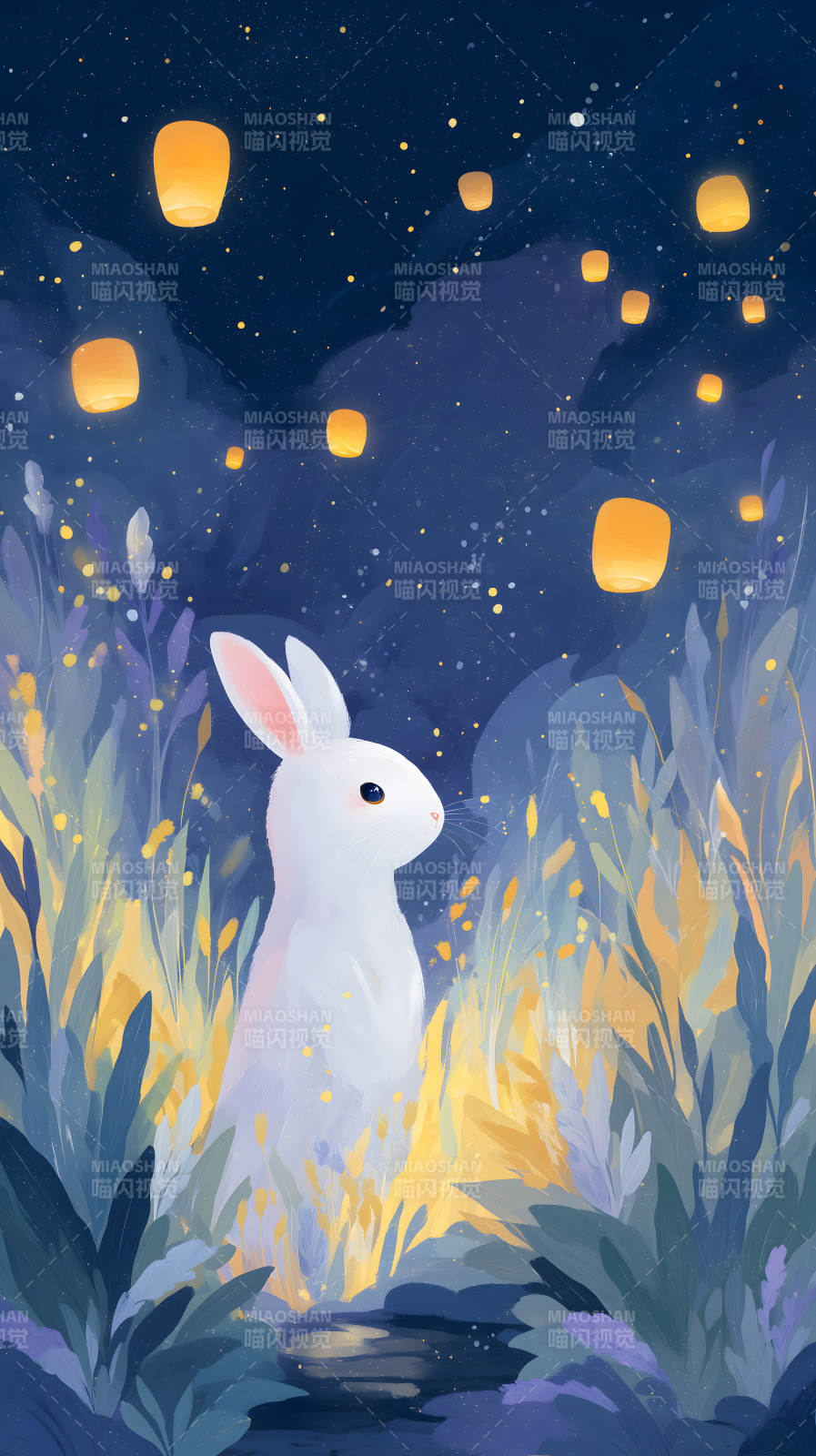 静谧夜空下的白兔图片