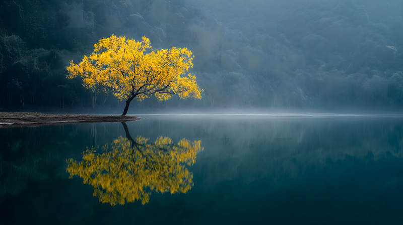 秋日湖畔金黄树图片