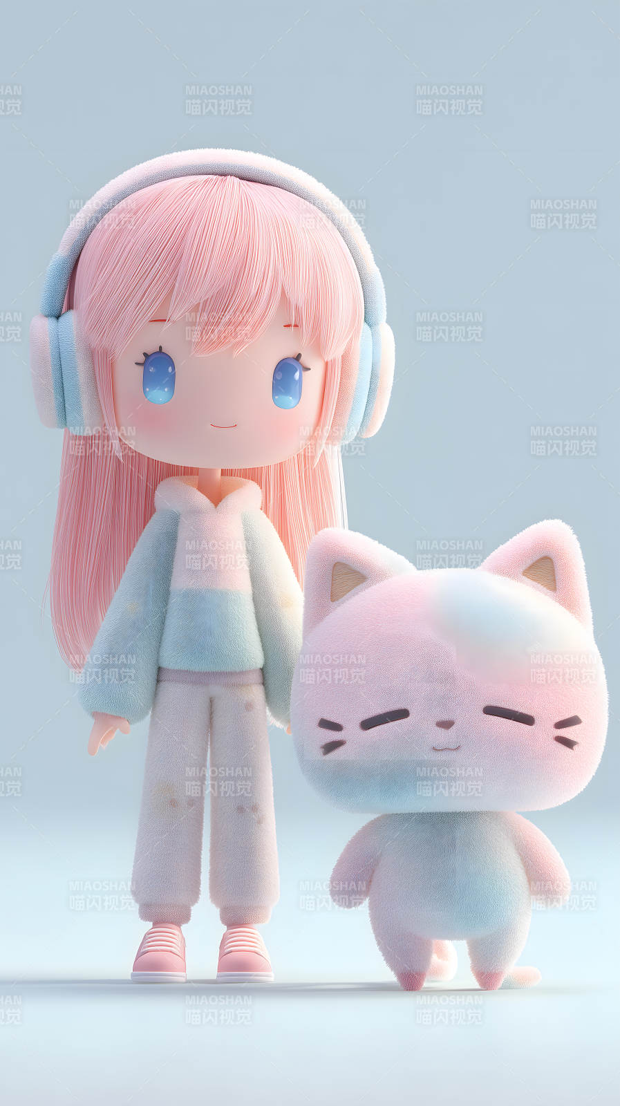 粉色女孩和她的毛绒猫咪图片