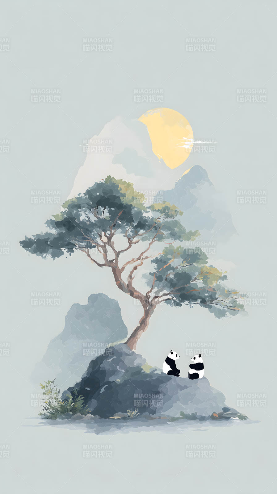 水墨山间熊猫对话图片