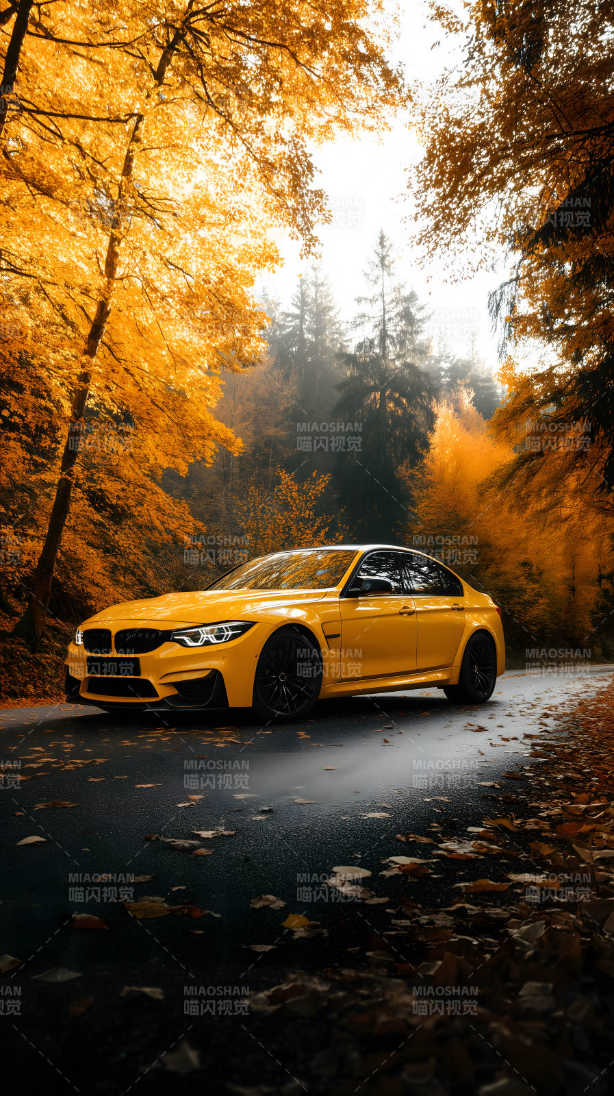 秋日森林里的黄色跑车图片