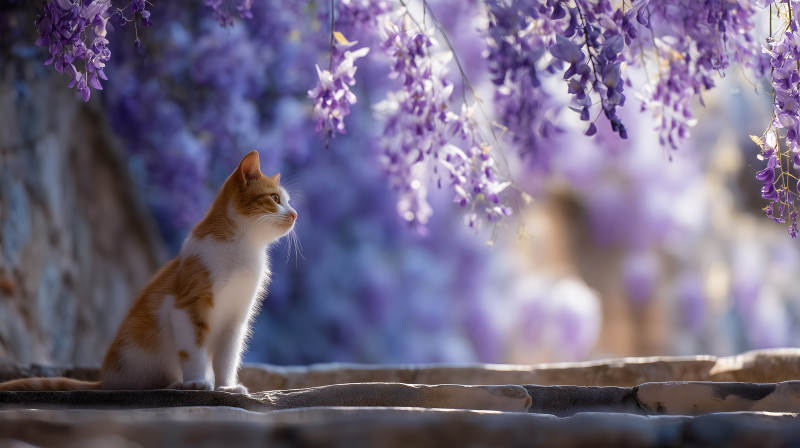 紫藤花下的小猫咪图片