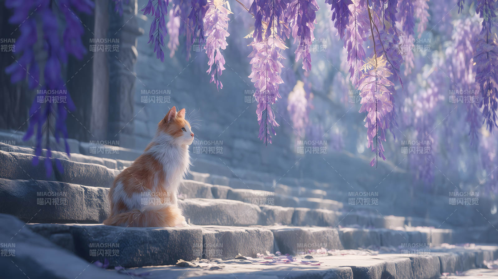 紫藤花下安静的猫咪图片