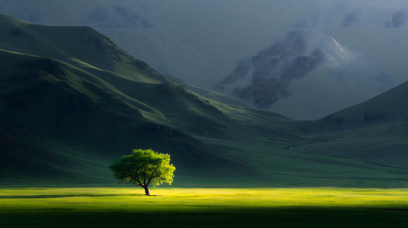 山峦间的孤独绿树图片