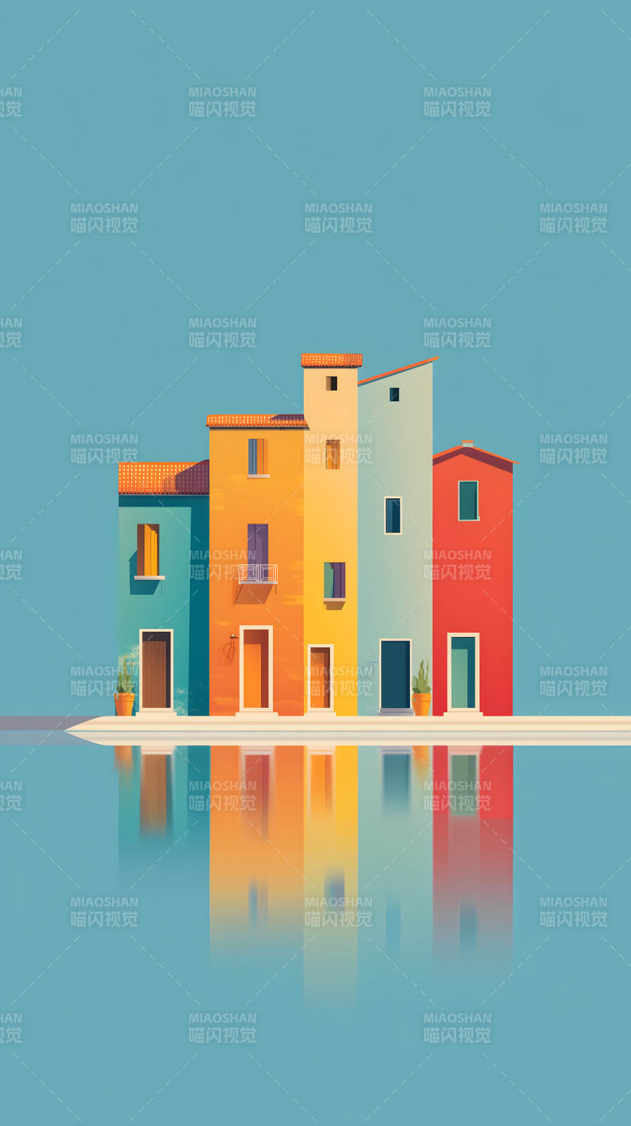 彩色房屋倒影的美丽画面图片