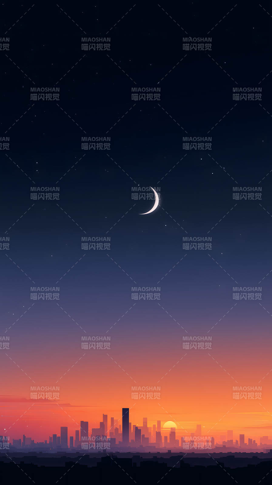 城市日落与新月图片