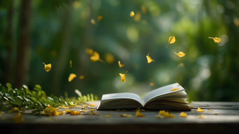 秋叶飘落书页间图片