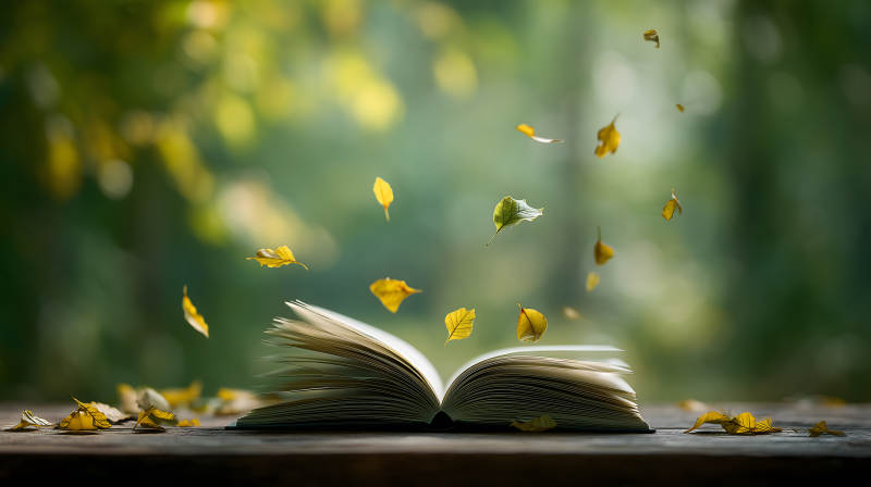 秋叶飘落书页间图片
