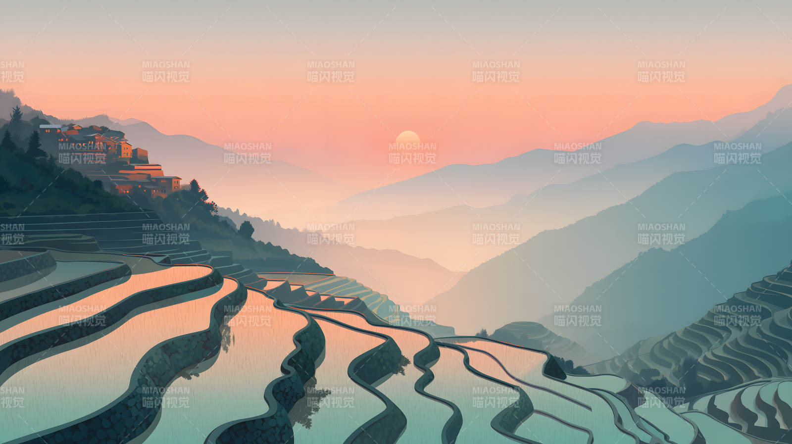 日落下的梯田美景图片