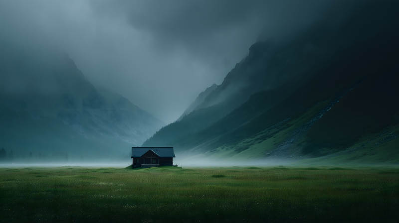 山谷中静谧的小木屋图片