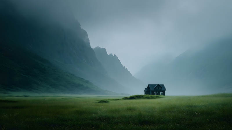 雾霭山谷中的小屋图片