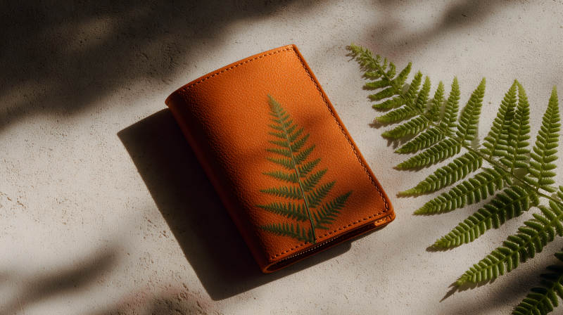 印有蕨类植物图案的棕色钱包图片