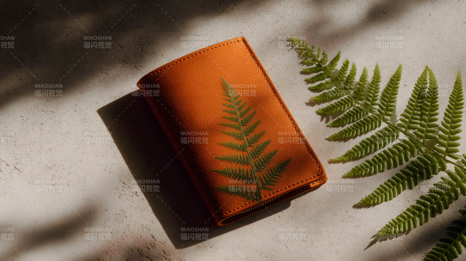 印有蕨类植物图案的棕色钱包图片