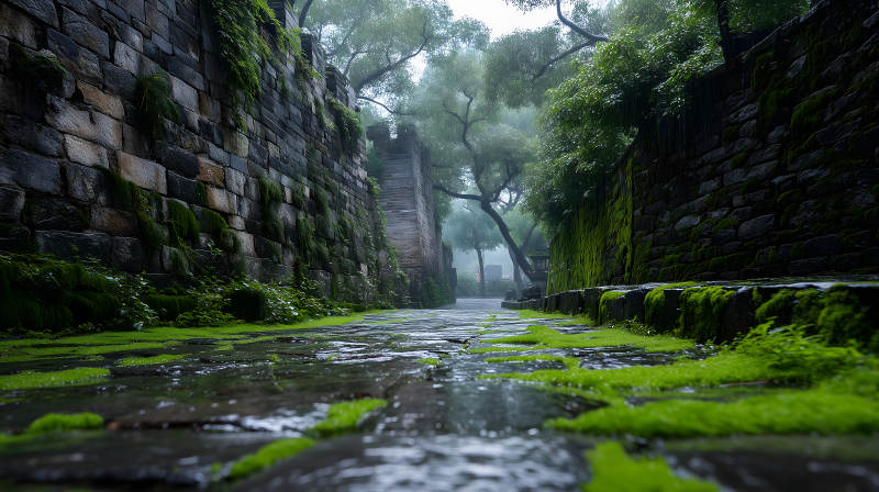 雨后古城青苔小路图片