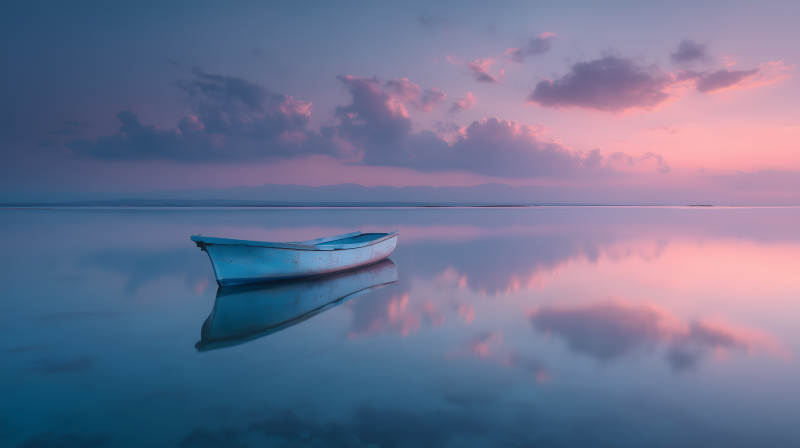 宁静祥和的湖边小舟图片