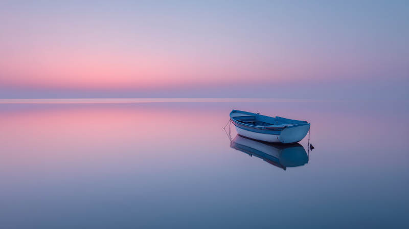 平静的清晨孤舟泛影图片