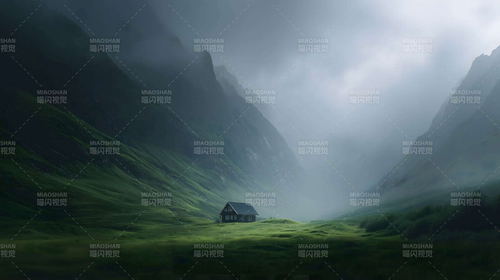 山谷中的静谧小屋图片