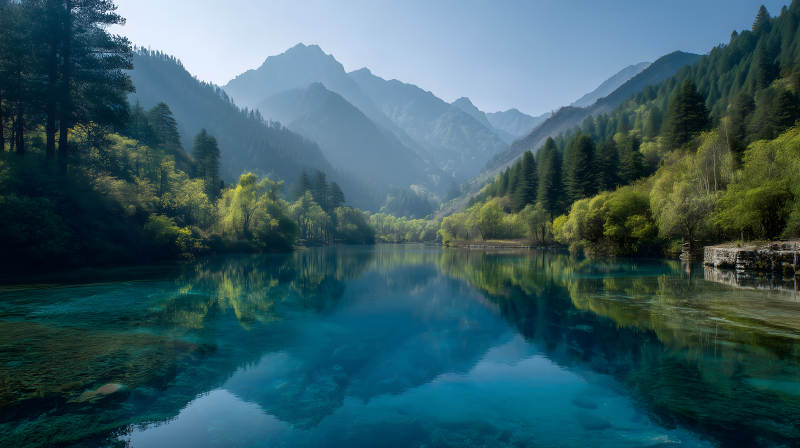 碧水蓝天静谧山谷图片