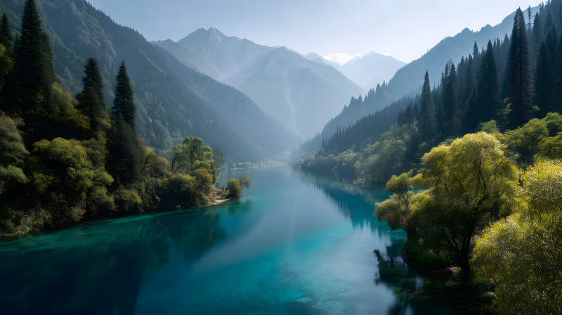 静谧清澈的高山湖泊图片