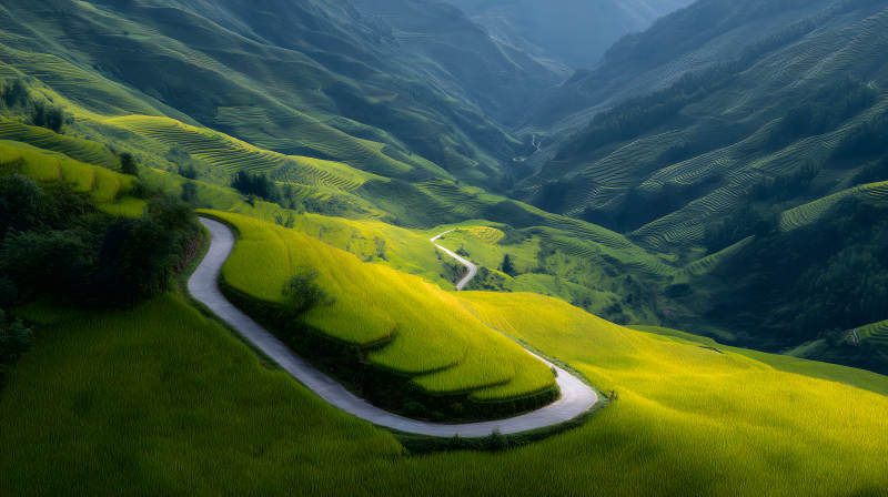 蜿蜒山路稻田美景图片