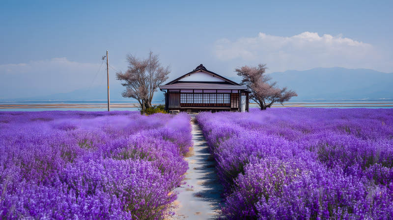 薰衣草田间的日式小屋图片
