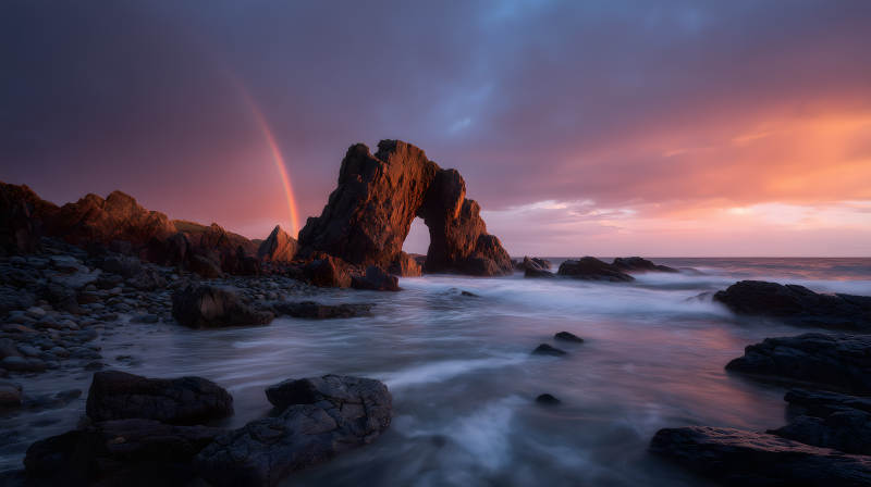 彩虹下的海边岩石拱门图片
