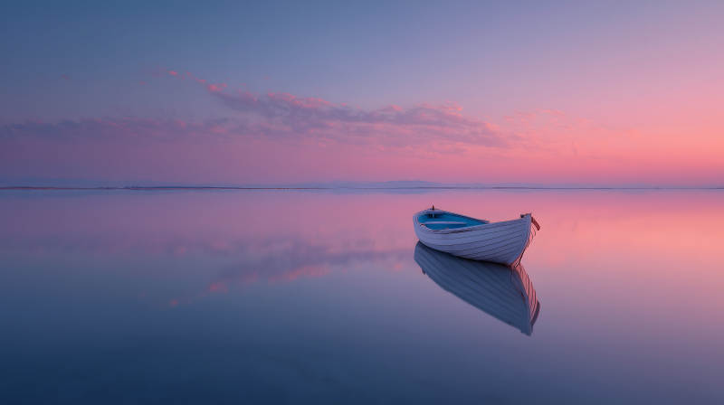 平静的日出与小船图片