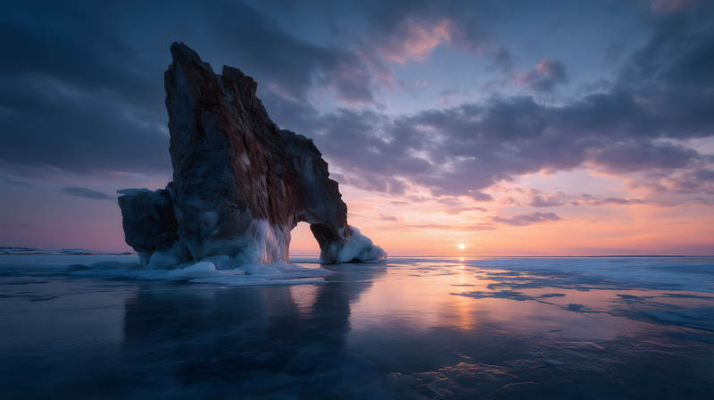 冰封湖面上的岩石拱门图片