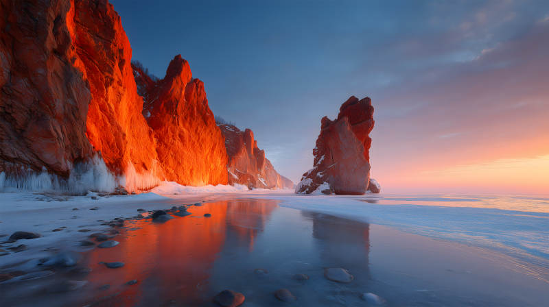 冰雪奇缘下的红色峭壁图片