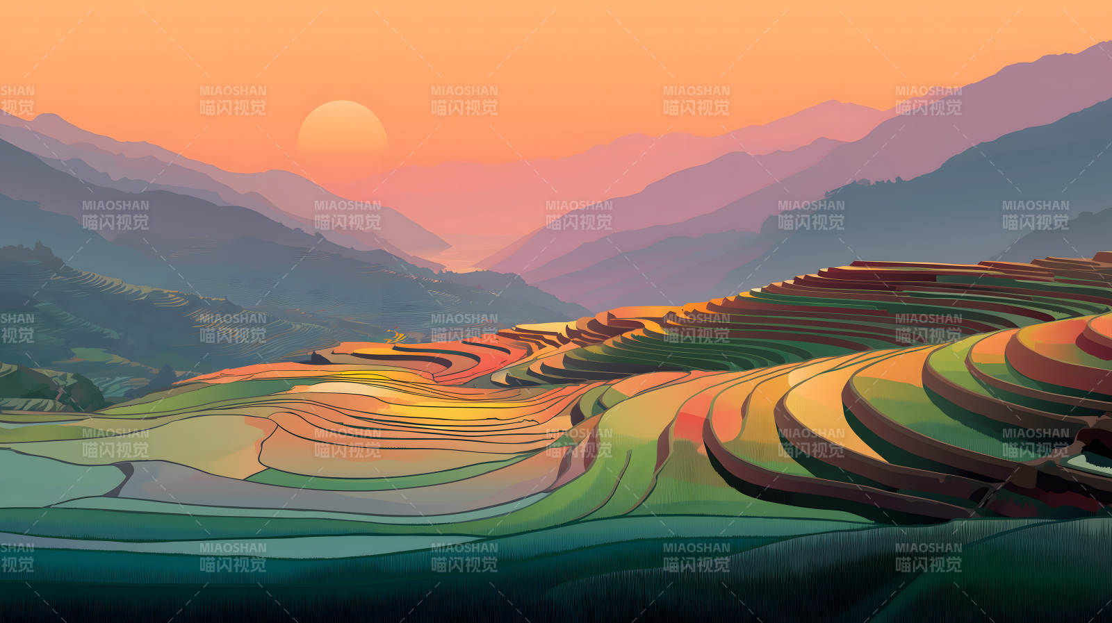 日落时分的梯田美景图片