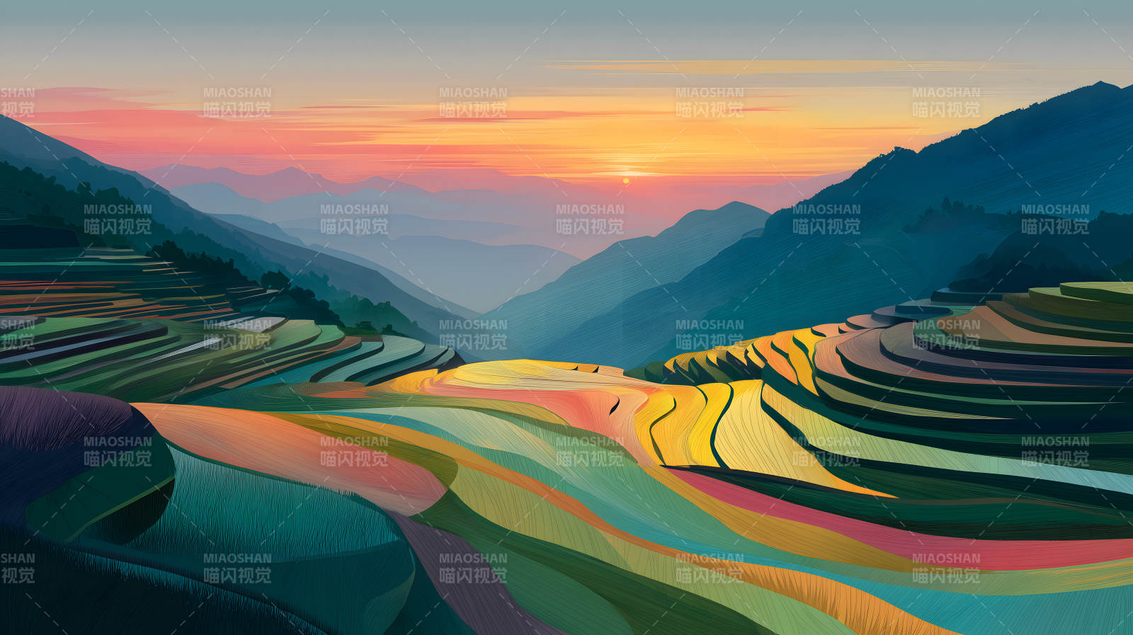 日落下的梯田美景图片