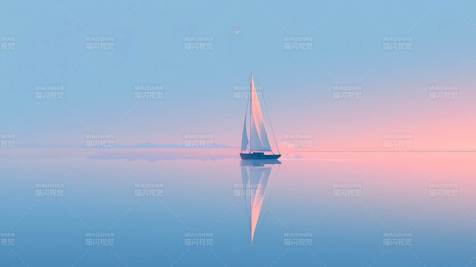 平静的日落与孤帆图片