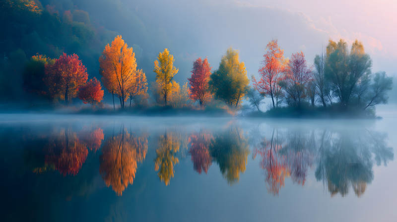 秋日薄雾中的倒影图片
