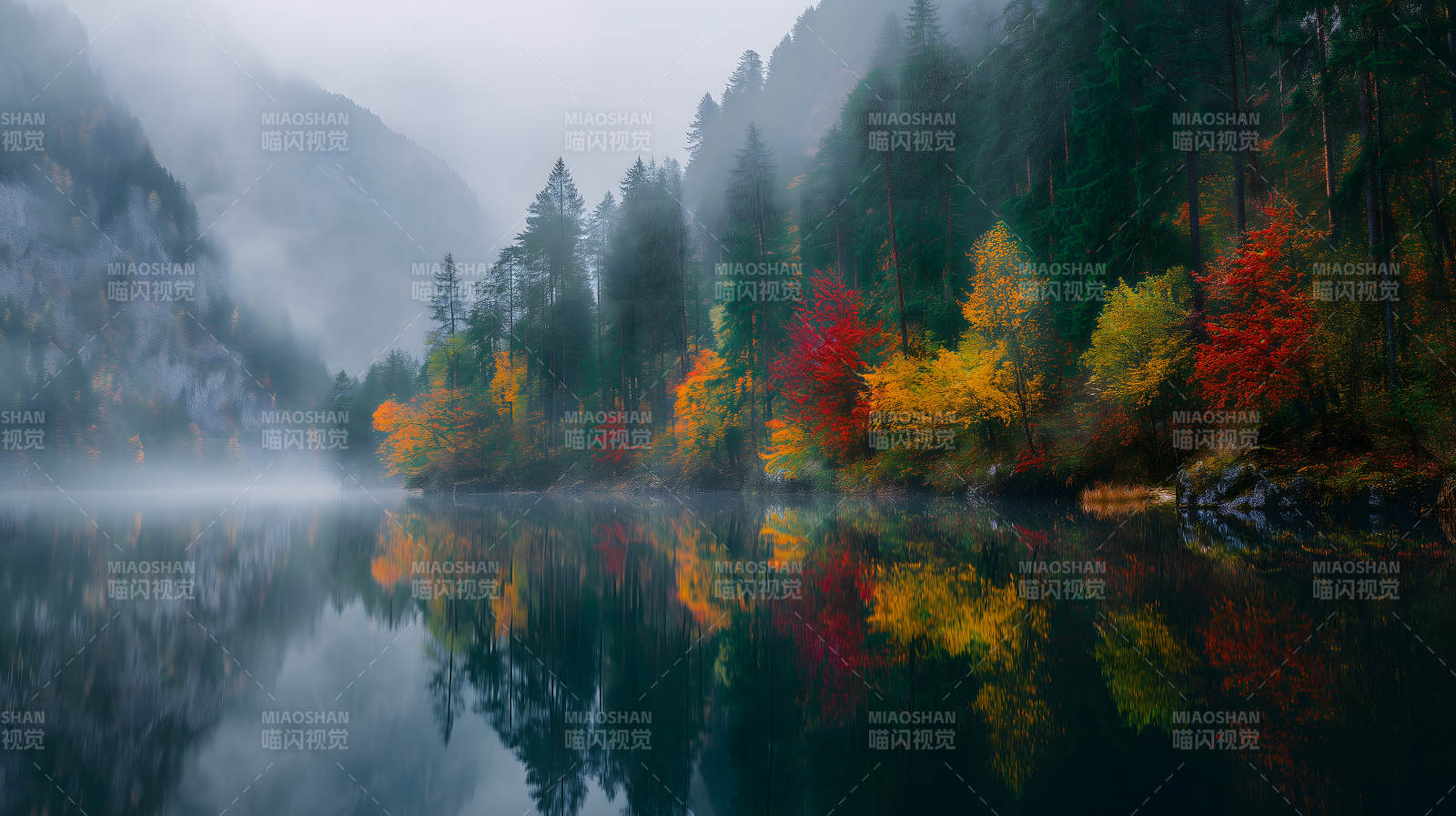 秋日湖泊山峦美景图片