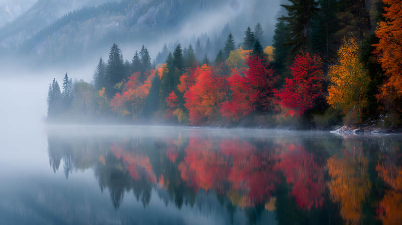 秋日雾霭中的湖光山色图片