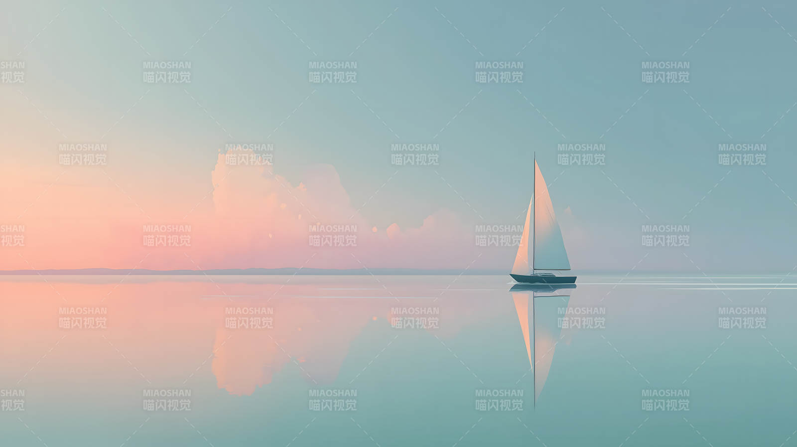 平静湖面上的孤独帆船图片