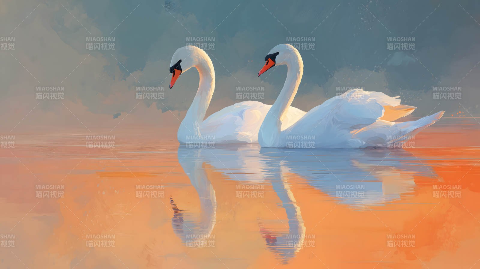 日落时分，一对优雅的天鹅图片