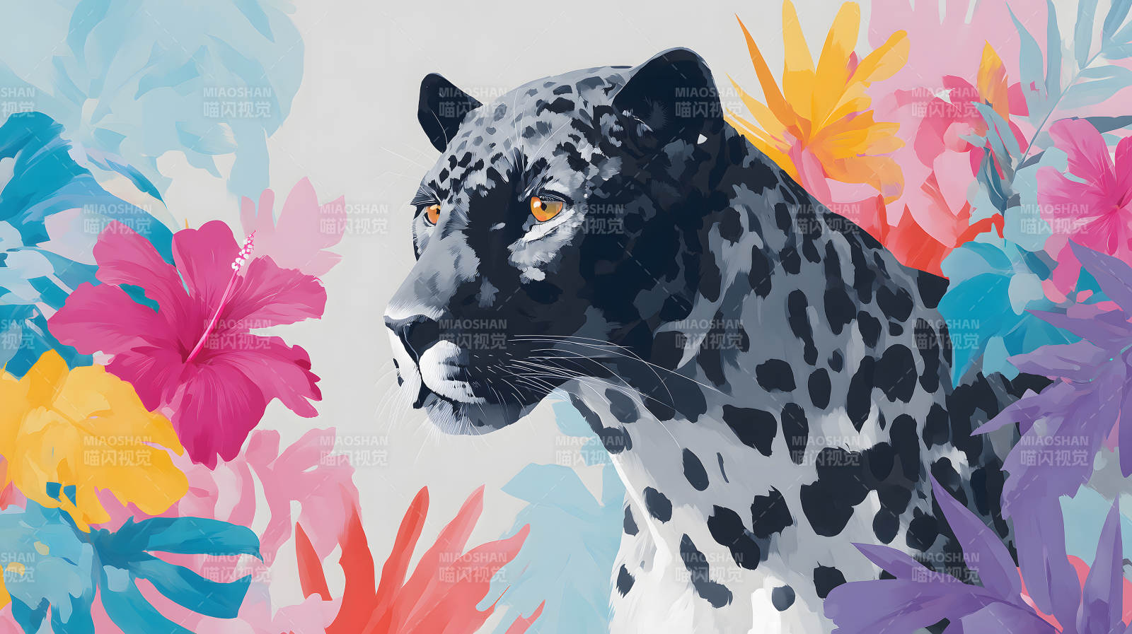 黑豹与热带花卉的邂逅图片