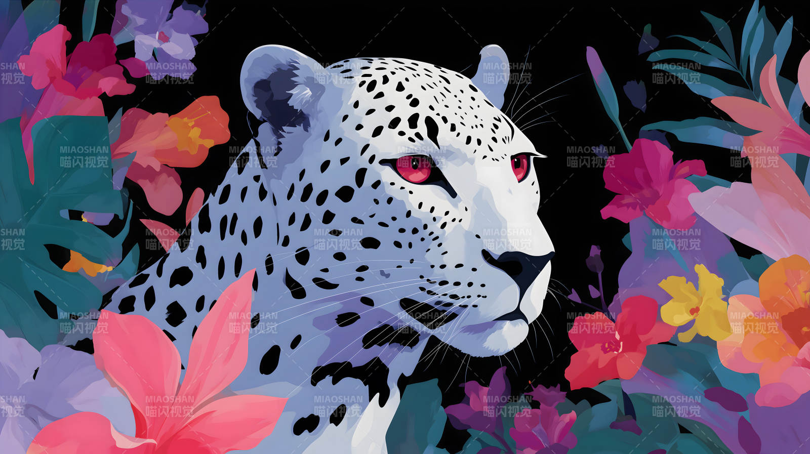 雪豹与热带花卉图片