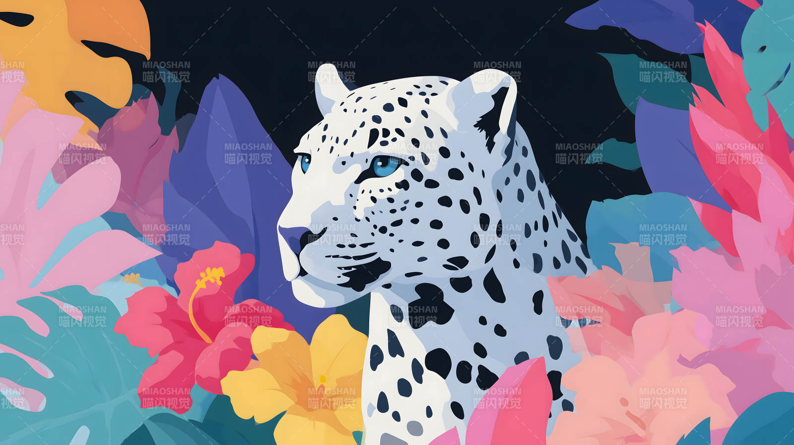 雪豹与热带花卉的邂逅图片