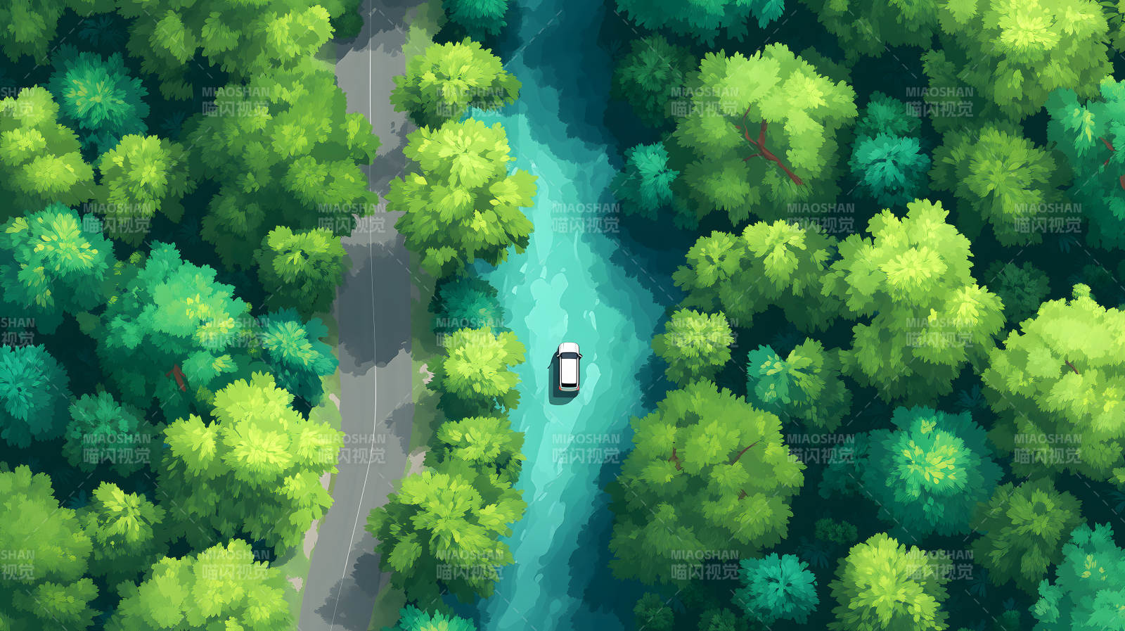 森林中的蜿蜒小路与溪流图片