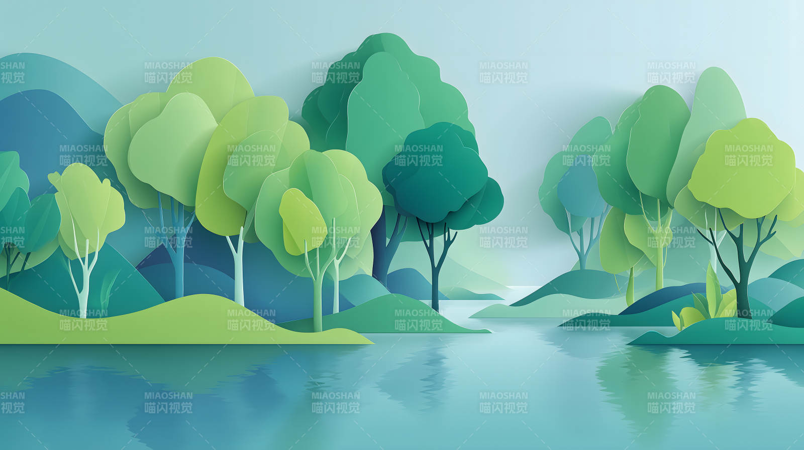 纸艺风格的宁静湖畔图片