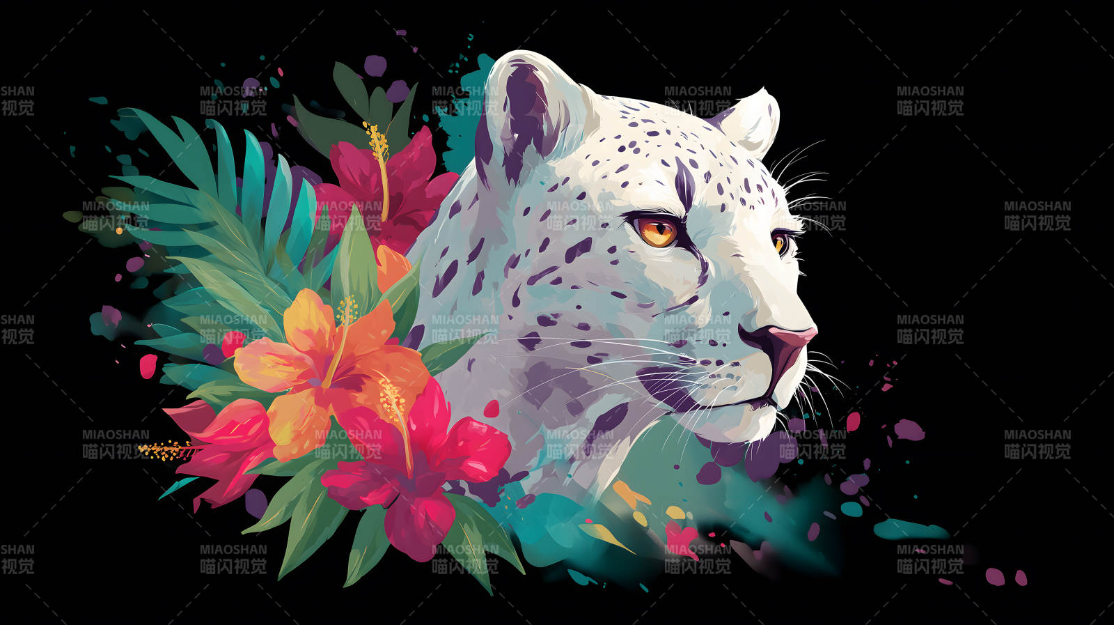 雪豹与热带花卉图片