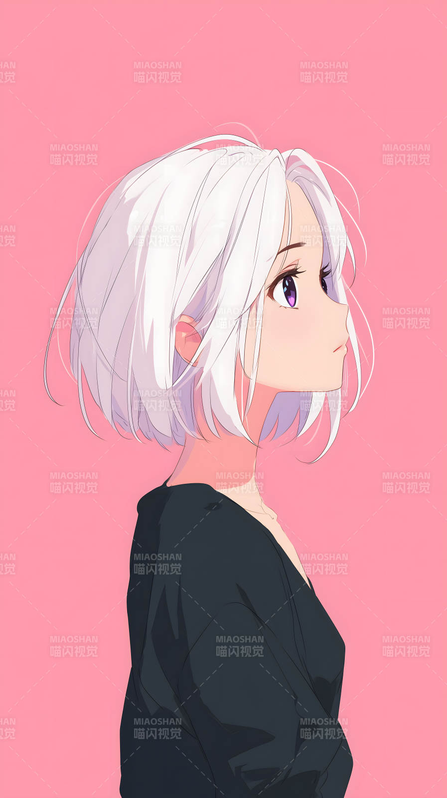粉红背景下的白发少女图片