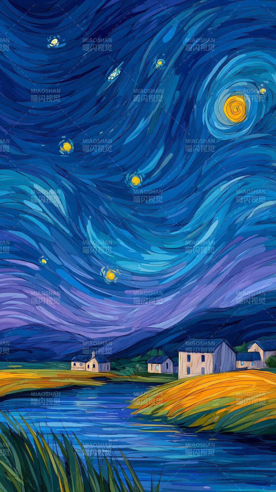 星空下的宁静村庄图片