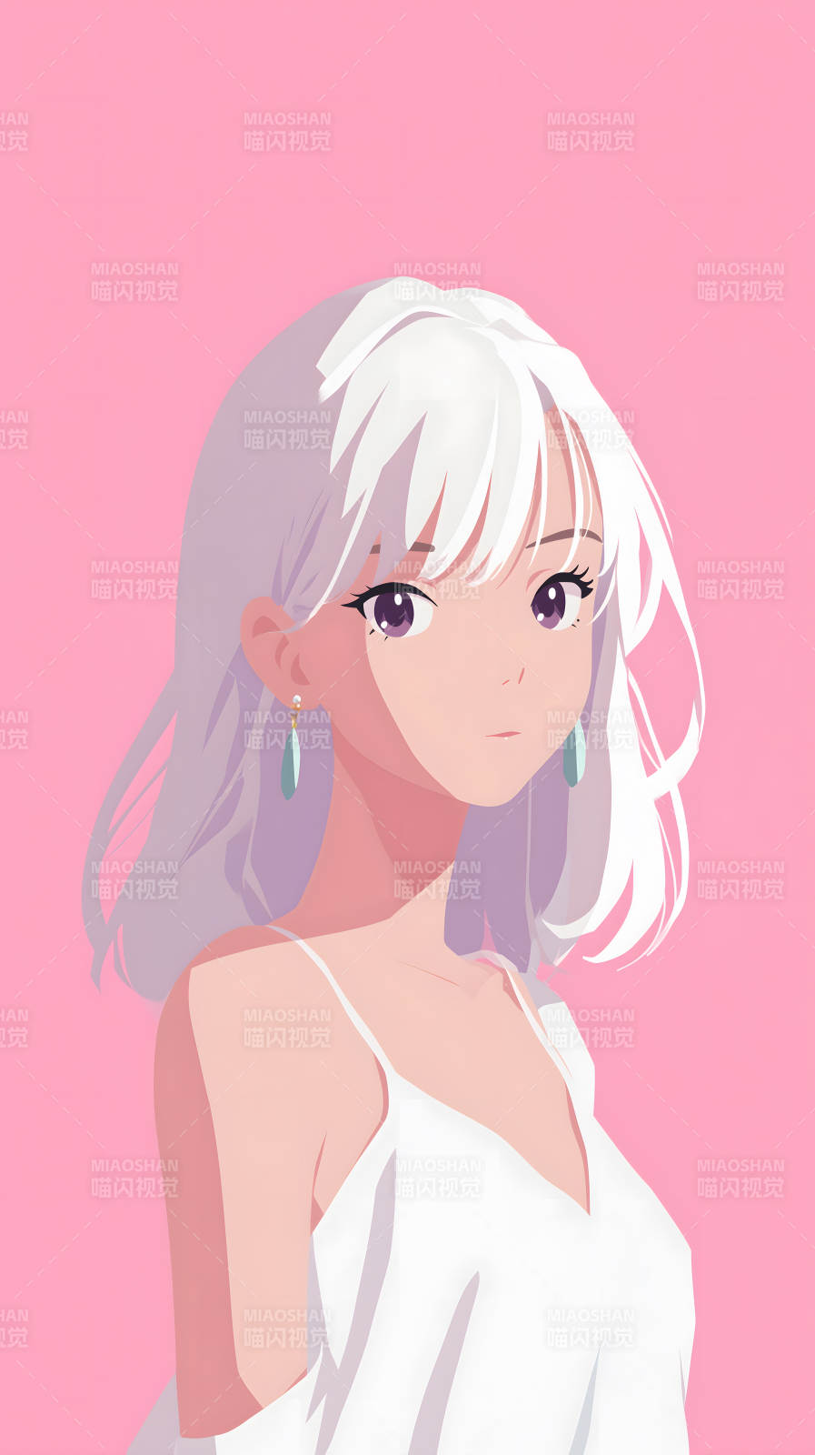 粉色背景下的白发少女图片