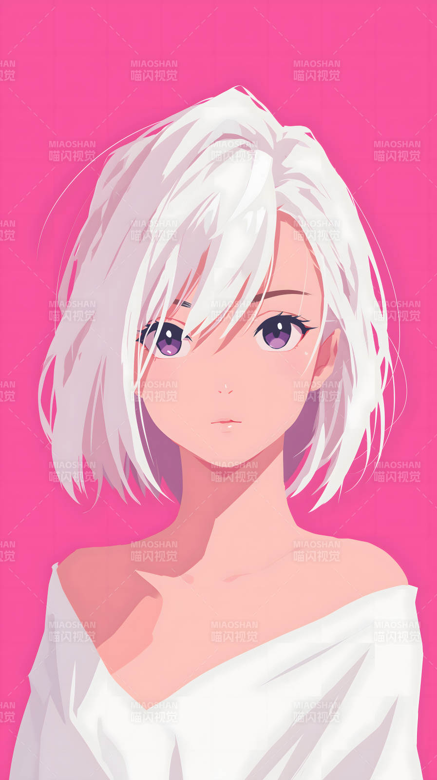 粉红背景下的白发少女图片